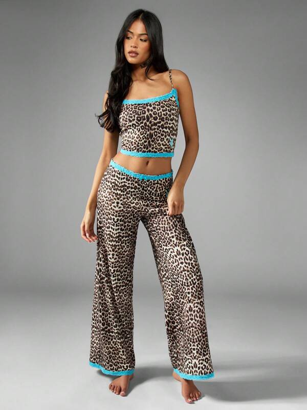 missguided Missguided x Playboy Comfy Playful Animal Print Satin Pajama Set With Lace Trim