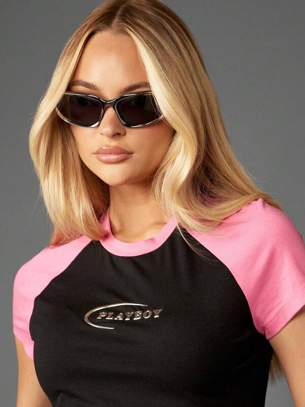 Missguided Missguided X Playboy Contrast Sleeve Baby Tee With Metallic Logo