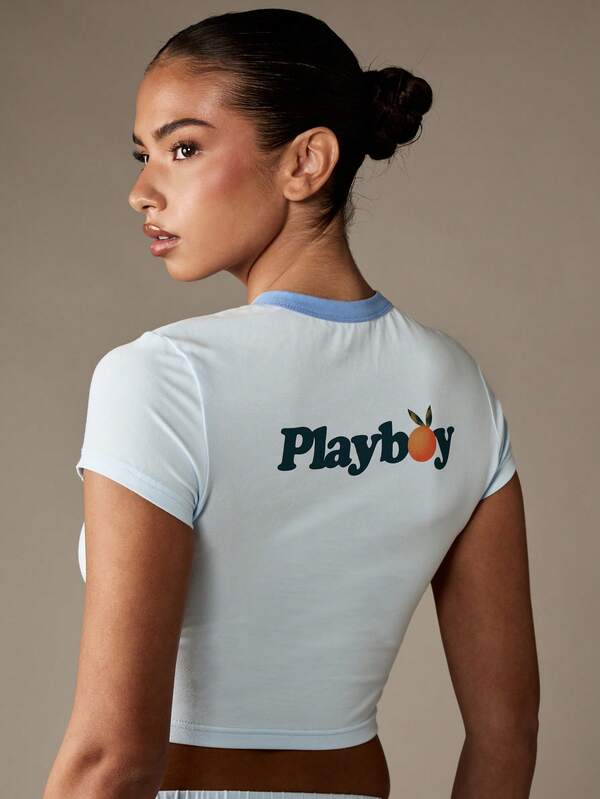 Missguided Missguided X Playboy Contrast Trim Baby Tee With Bunny Logo And Buttons