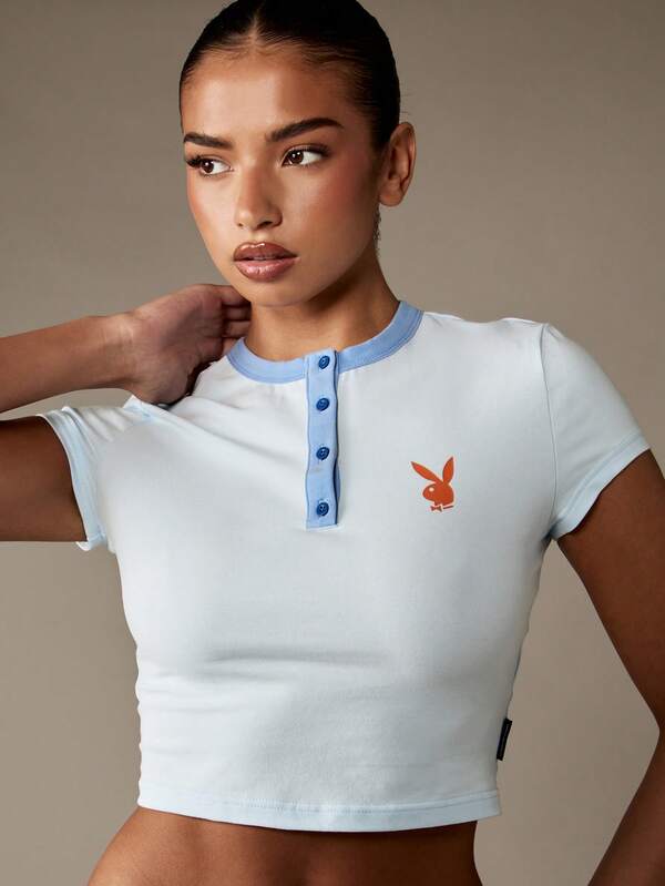 missguided Missguided x Playboy Contrast Trim Baby Tee With Bunny Logo And Buttons