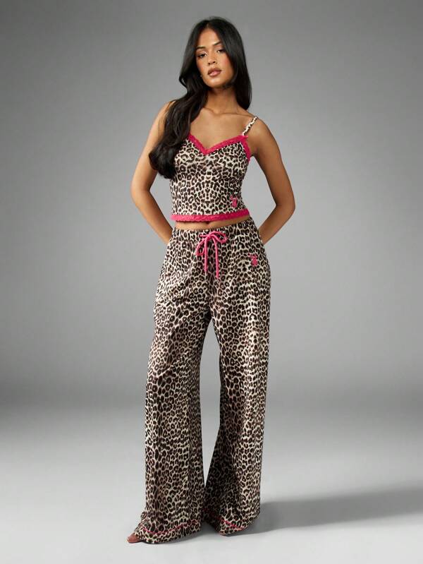missguided Missguided x Playboy Coordinated Pajama Set With Leopard Print Features Hot Pink Trim