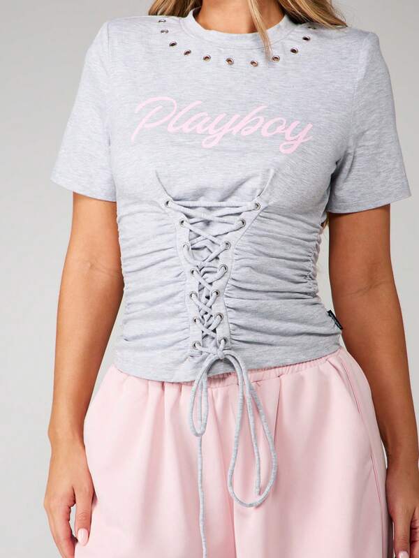Missguided Missguided X Playboy Corset Lace Up T-Shirt With Eyelets