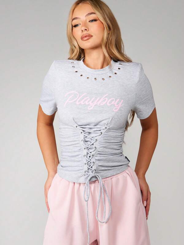 missguided Missguided x Playboy Corset Lace Up T-Shirt With Eyelets
