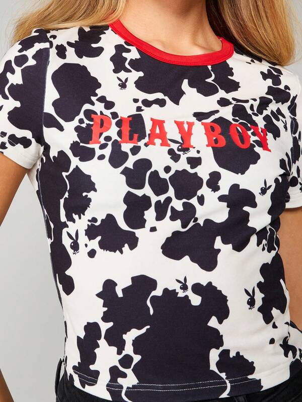 Missguided Missguided X Playboy Cow Print Crop Tee With Logo