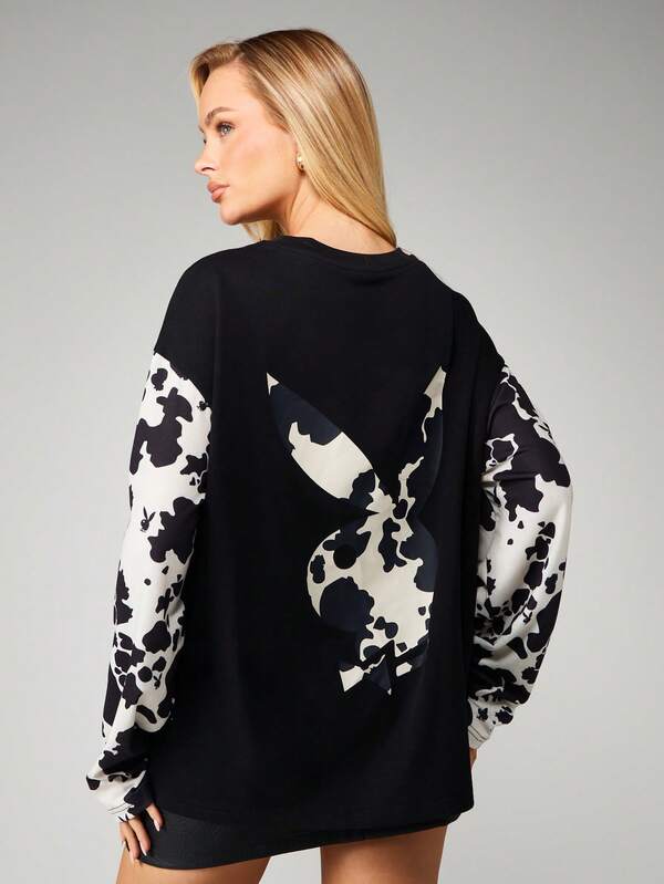 Missguided Missguided X Playboy Cow Print Graphic Long Sleeve Tee