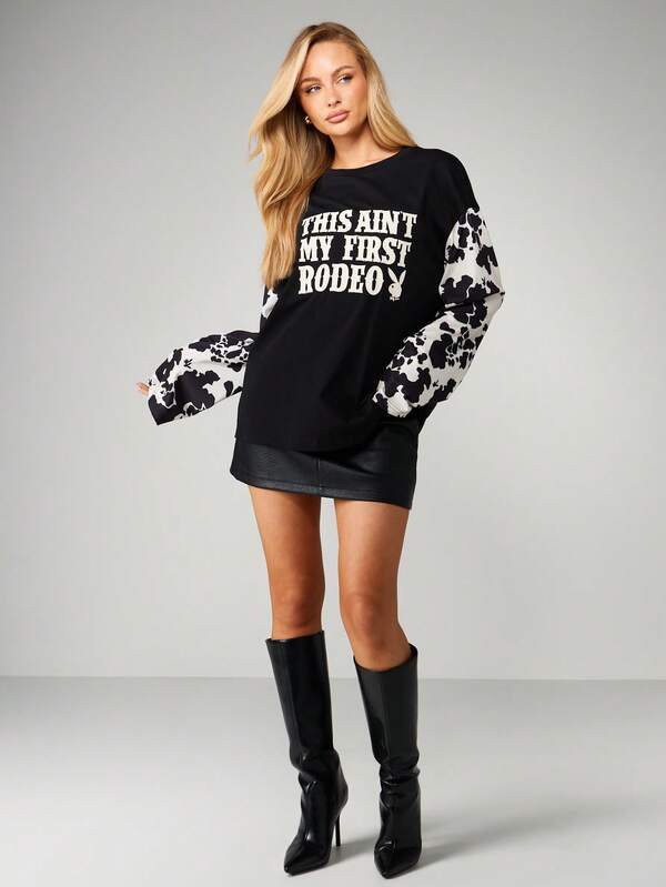 Missguided Missguided X Playboy Cow Print Graphic Long Sleeve Tee