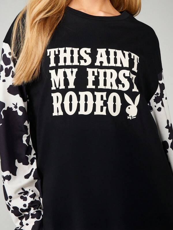 Missguided Missguided X Playboy Cow Print Graphic Long Sleeve Tee