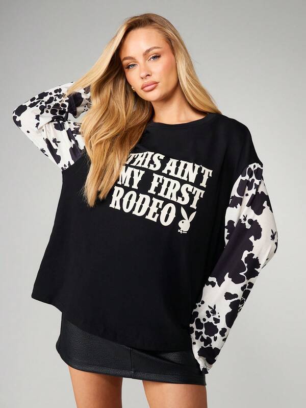 missguided Missguided x Playboy Cow Print Graphic Long Sleeve Tee