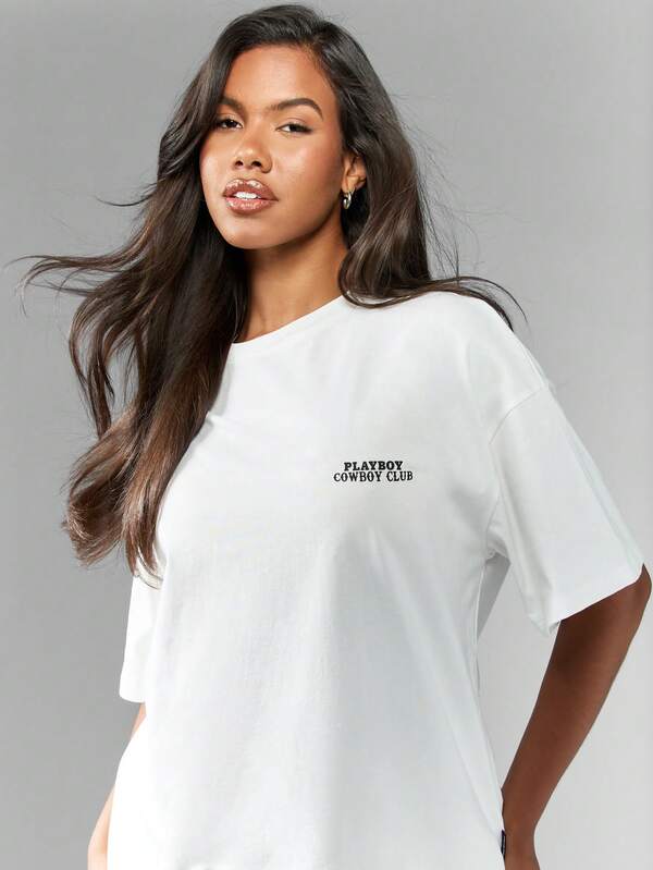 Missguided Missguided X Playboy Cowboy Club Oversized Western Graphic Print T-Shirts