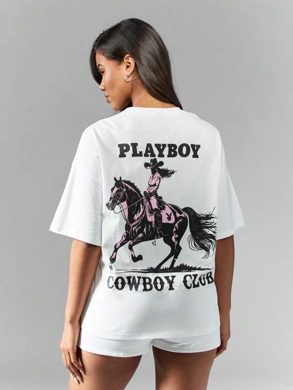 missguided Missguided x Playboy Cowboy Club Oversized Western Graphic Print T-Shirts