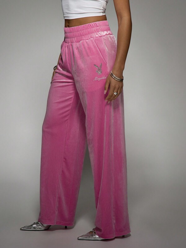 Missguided Missguided X Playboy Cozy Loungewear Wide Leg Velour Sweatpants Rhinestone Logo