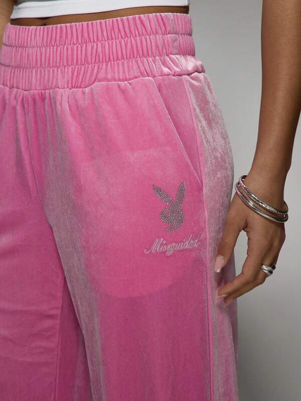 Missguided Missguided X Playboy Cozy Loungewear Wide Leg Velour Sweatpants Rhinestone Logo
