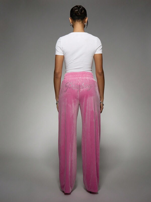 missguided Missguided x Playboy Cozy Loungewear Wide Leg Velour Sweatpants Rhinestone Logo