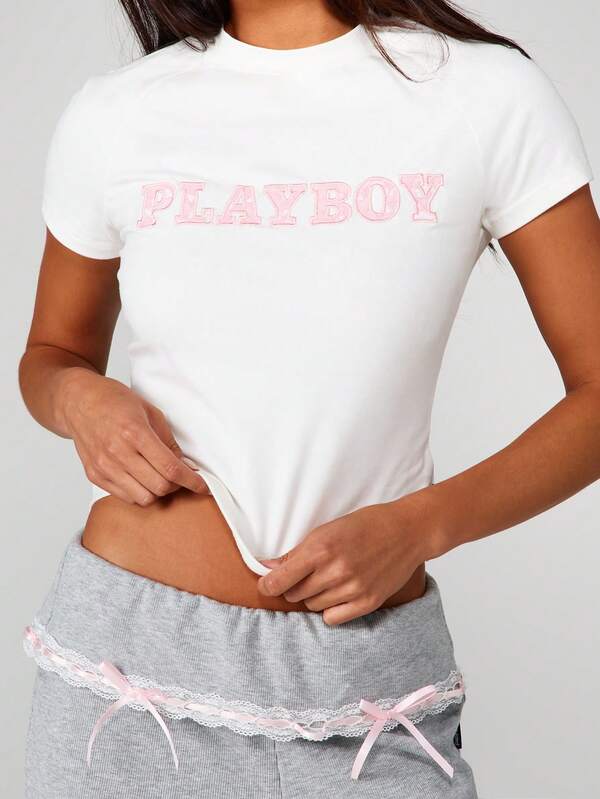 missguided Missguided x Playboy Crew Neck Tee With Pink Logo