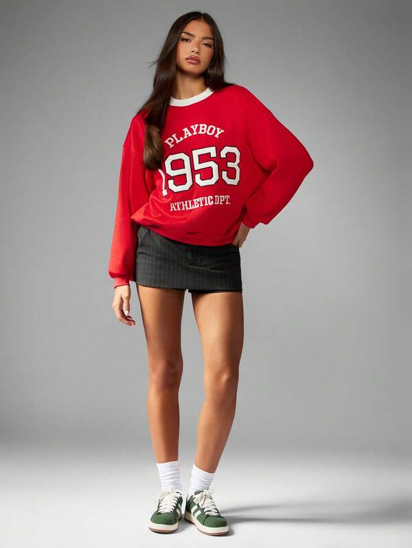 Missguided Missguided X Playboy Crew Neck Varsity Sweatshirt With Athletic Department Print