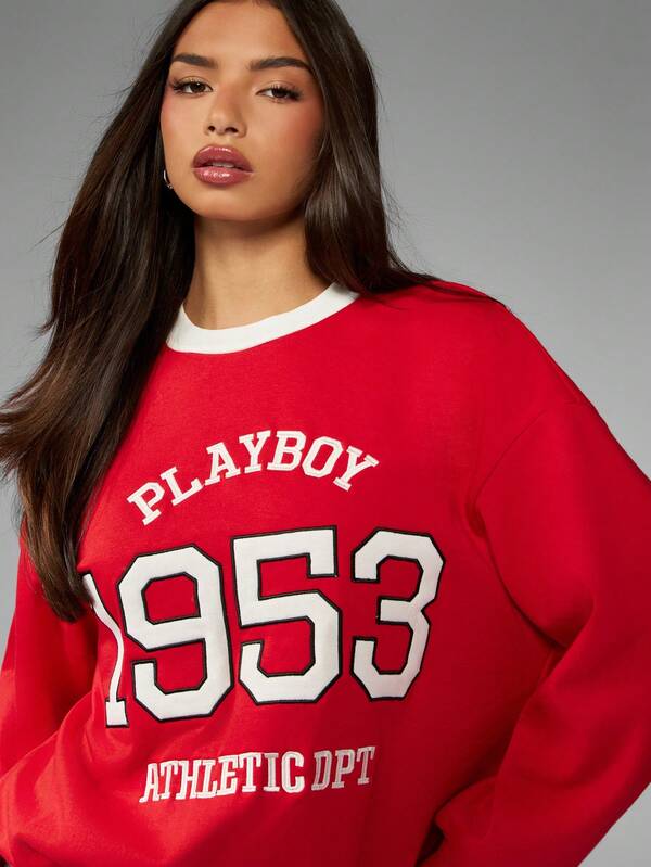 Missguided Missguided X Playboy Crew Neck Varsity Sweatshirt With Athletic Department Print