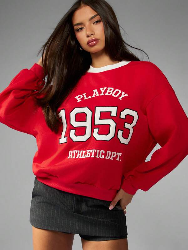 missguided Missguided x Playboy Crew Neck Varsity Sweatshirt With Athletic Department Print