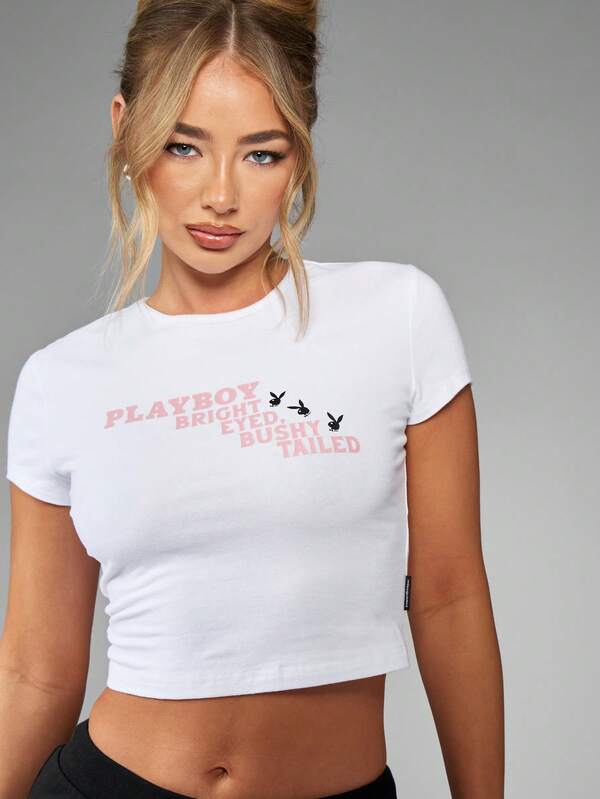 Missguided Missguided X Playboy Crop Baby Tee Short Sleeve Graphic Print T-Shirt