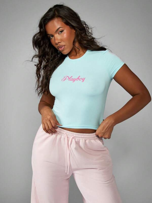 missguided Missguided x Playboy Crop Baby Tee With Script Print
