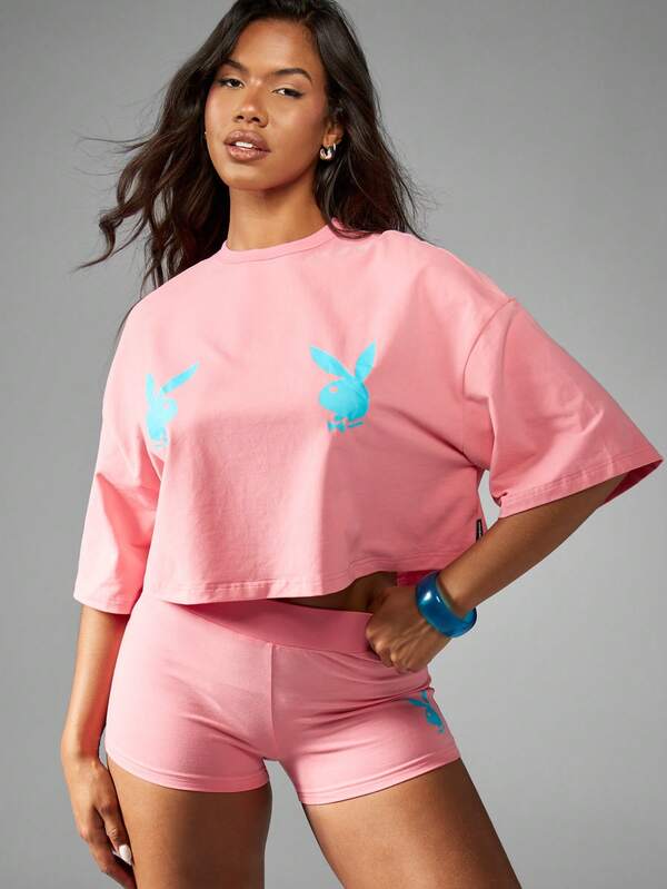 Missguided Missguided X Playboy Crop Box Fit Casual T-Shirt With Bunny Logo Print
