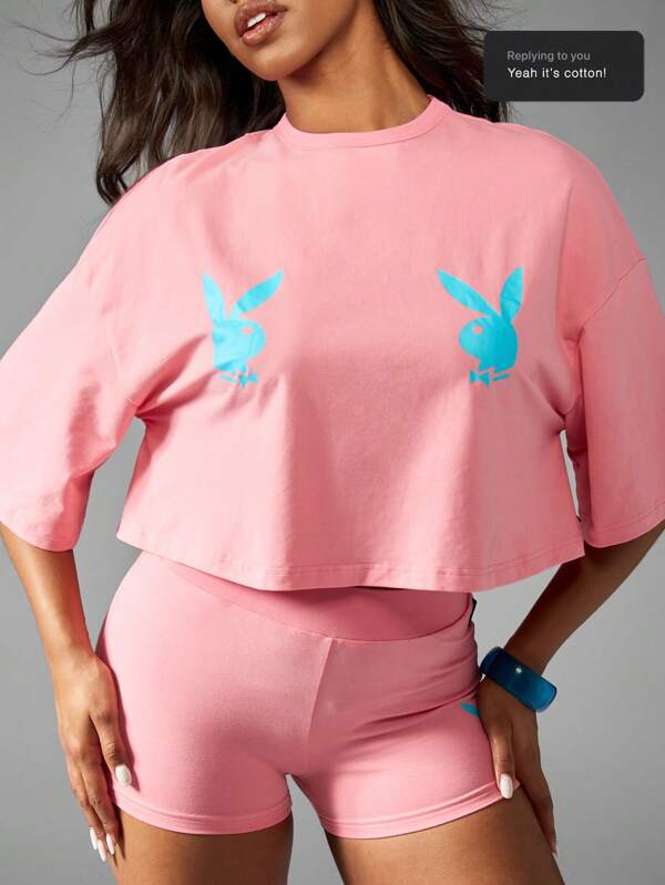 missguided Missguided x Playboy Crop Box Fit Casual T-Shirt With Bunny Logo Print