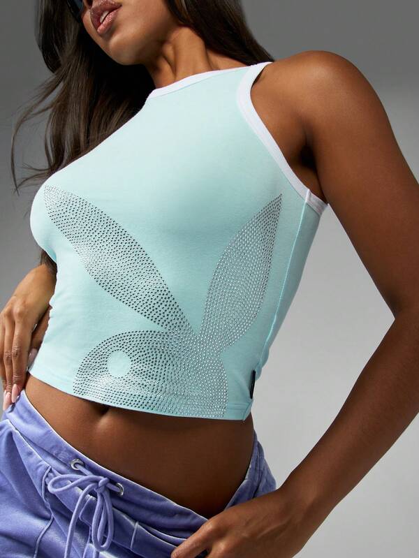 Missguided Missguided X Playboy Crop Bunny Rhinestone Sleeveless Fitted Tank Top