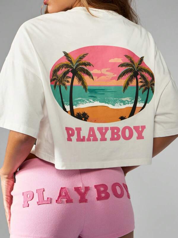 missguided Missguided x Playboy Crop California Surf Style Palm Tree Graphic T-Shirt