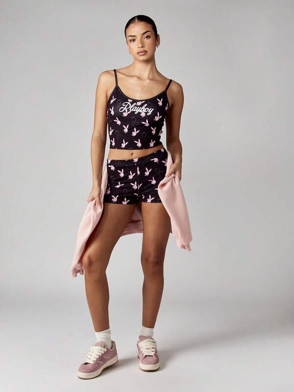 Missguided Missguided X Playboy Crop Cami Top With High Rise Booty Shorts Set