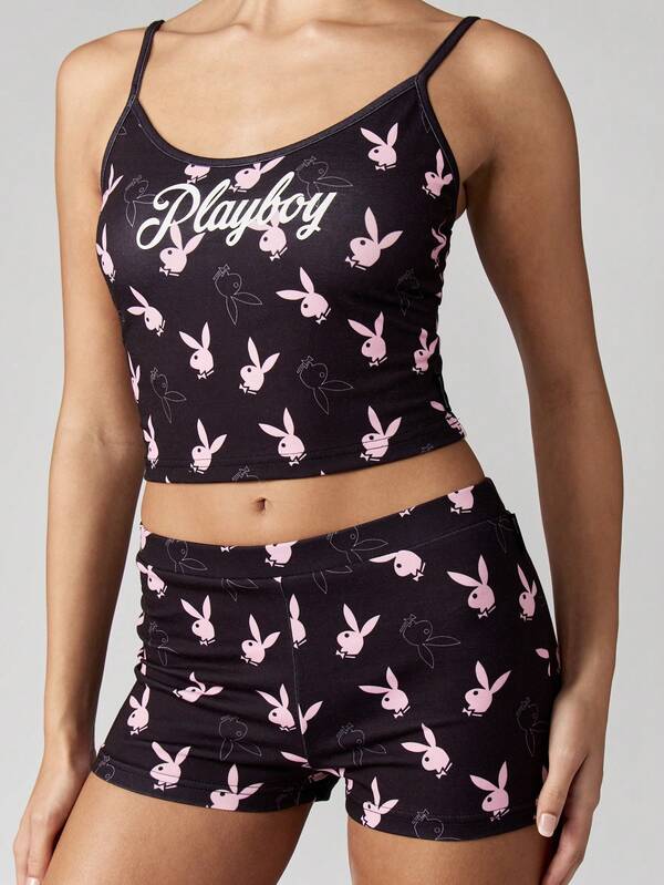 Missguided Missguided X Playboy Crop Cami Top With High Rise Booty Shorts Set