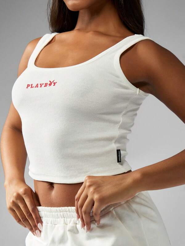 Missguided Missguided X Playboy Crop Ribbed Cotton Sleeveless Fitted Tank Top