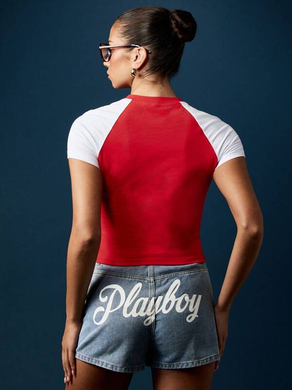 Missguided Missguided X Playboy Crop T-Shirt With Raglan Sleeves And Bunny Logo