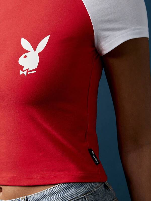 Missguided Missguided X Playboy Crop T-Shirt With Raglan Sleeves And Bunny Logo
