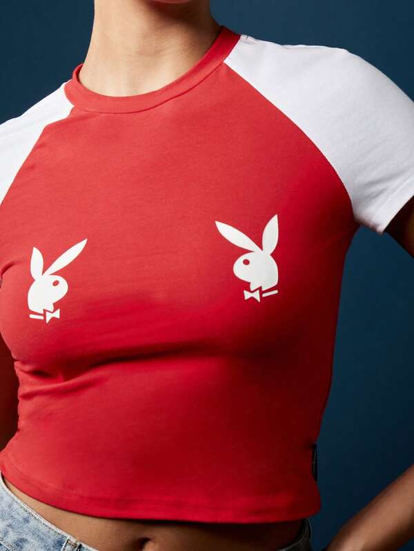 Missguided Missguided X Playboy Crop T-Shirt With Raglan Sleeves And Bunny Logo