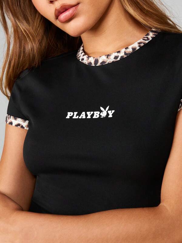 Missguided Missguided X Playboy Crop Top With Leopard Print Trim