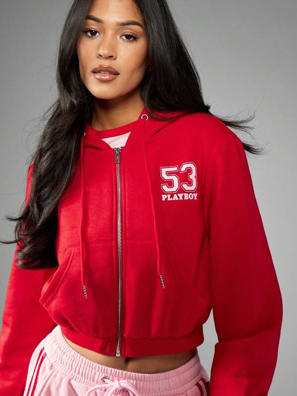 Missguided Missguided X Playboy Cropped Athleisure Zip Up Hoodie Sweatshirt With Number Logo