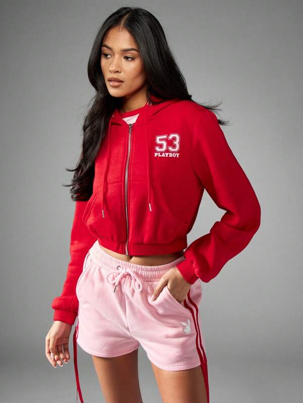 missguided Missguided x Playboy Cropped Athleisure Zip Up Hoodie Sweatshirt With Number Logo