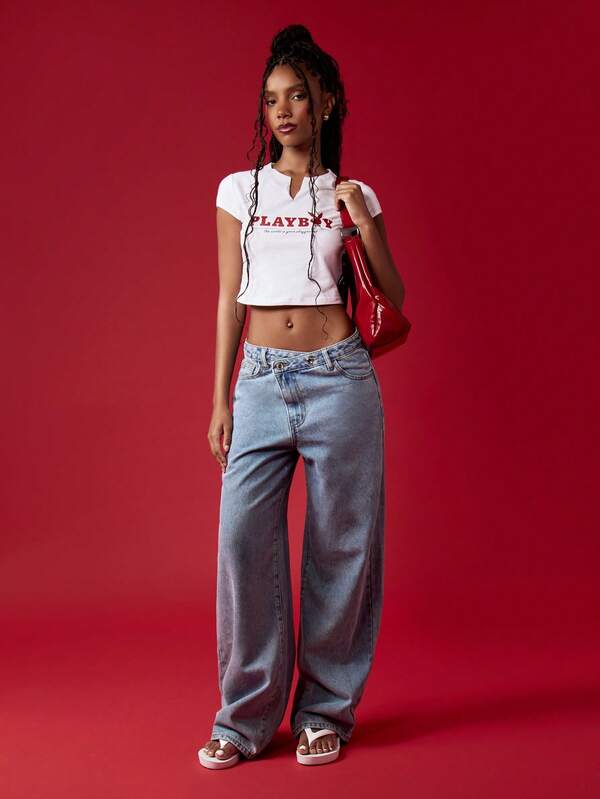 Missguided Missguided X Playboy Cropped Baby Tee Notch Neck Short Sleeve T-Shirt Y2K Fashion