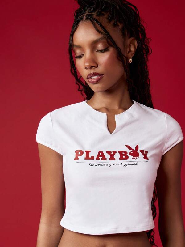 missguided Missguided x Playboy Cropped Baby Tee Notch Neck Short Sleeve T-Shirt Y2K Fashion
