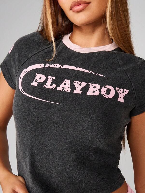 Missguided Missguided X Playboy Cropped Baby Tee With Graphic Print And Ringer Neckline