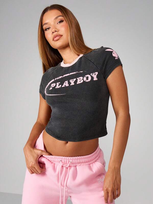 missguided Missguided x Playboy Cropped Baby Tee With Graphic Print And Ringer Neckline