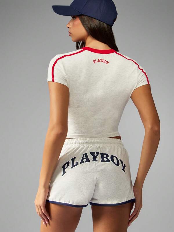 Missguided Missguided X Playboy Cropped Baby Tee With Red Trim And Number Detail