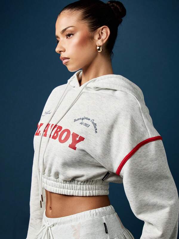 Missguided Missguided X Playboy Cropped Bubble Hem Hoodie With Gathered Waist
