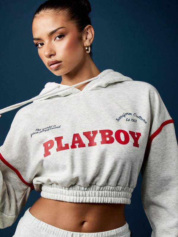 Missguided Missguided X Playboy Cropped Bubble Hem Hoodie With Gathered Waist