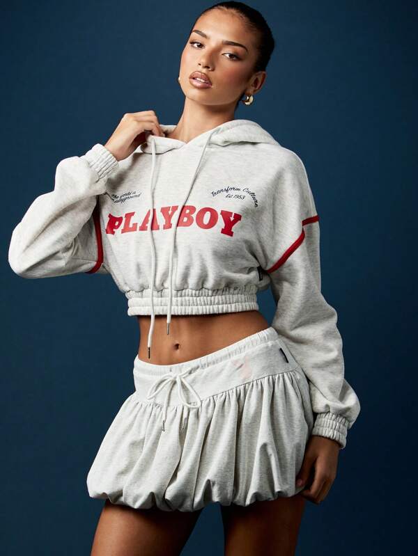 missguided Missguided x Playboy Cropped Bubble Hem Hoodie With Gathered Waist