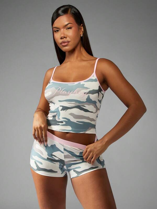 missguided Missguided x Playboy Cropped Cami Tank With Camo Print And Pink Trim