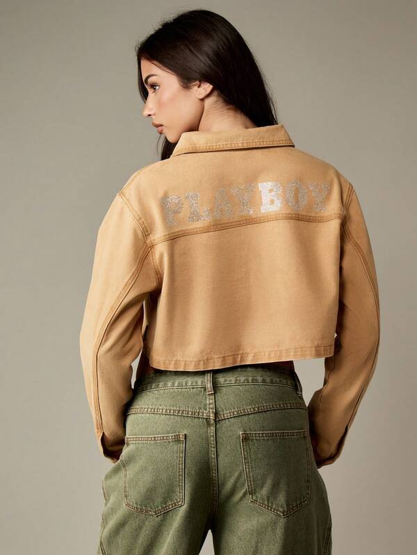 Missguided Missguided X Playboy Cropped Denim Jacket With Crystal Bunny Design