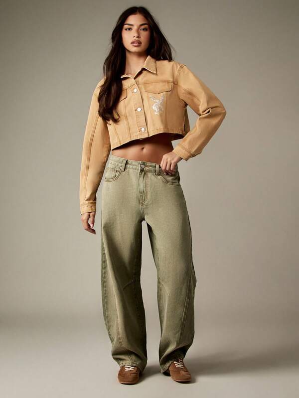 Missguided Missguided X Playboy Cropped Denim Jacket With Crystal Bunny Design