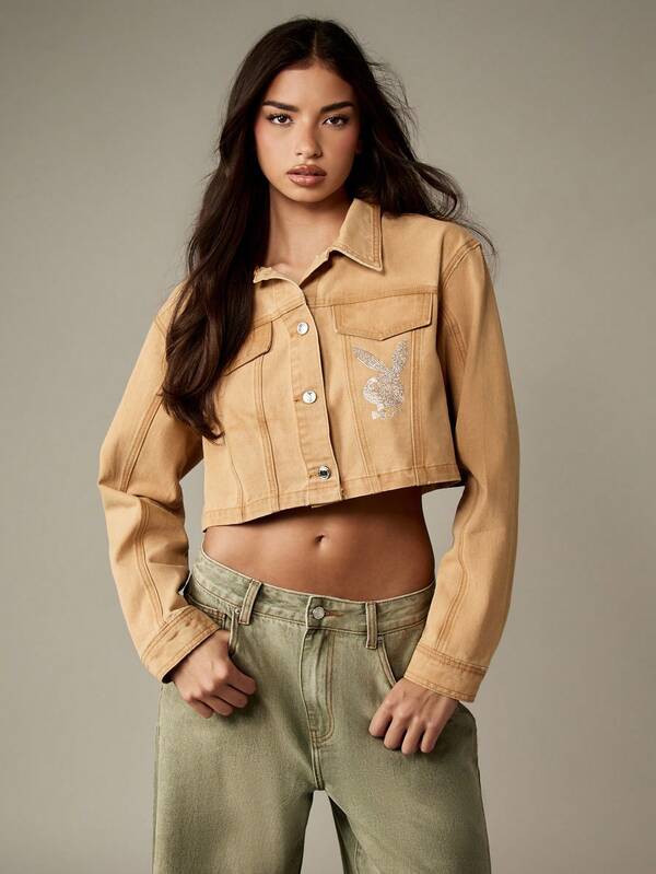 missguided Missguided x Playboy Cropped Denim Jacket With Crystal Bunny Design