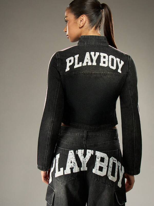 Missguided Missguided X Playboy Cropped Denim Moto Jacket With Side Stripes