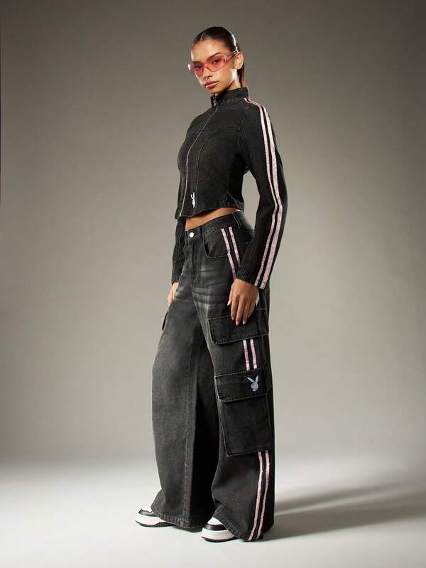 Missguided Missguided X Playboy Cropped Denim Moto Jacket With Side Stripes